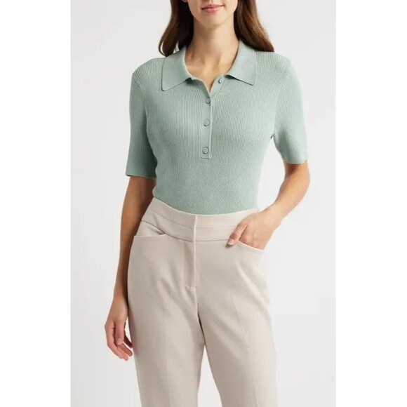 Tahari ASL Women's Warm And Cozy Rib-Knit Polo Sweater Top Dusty Aqua Size S - Picture 3 of 5